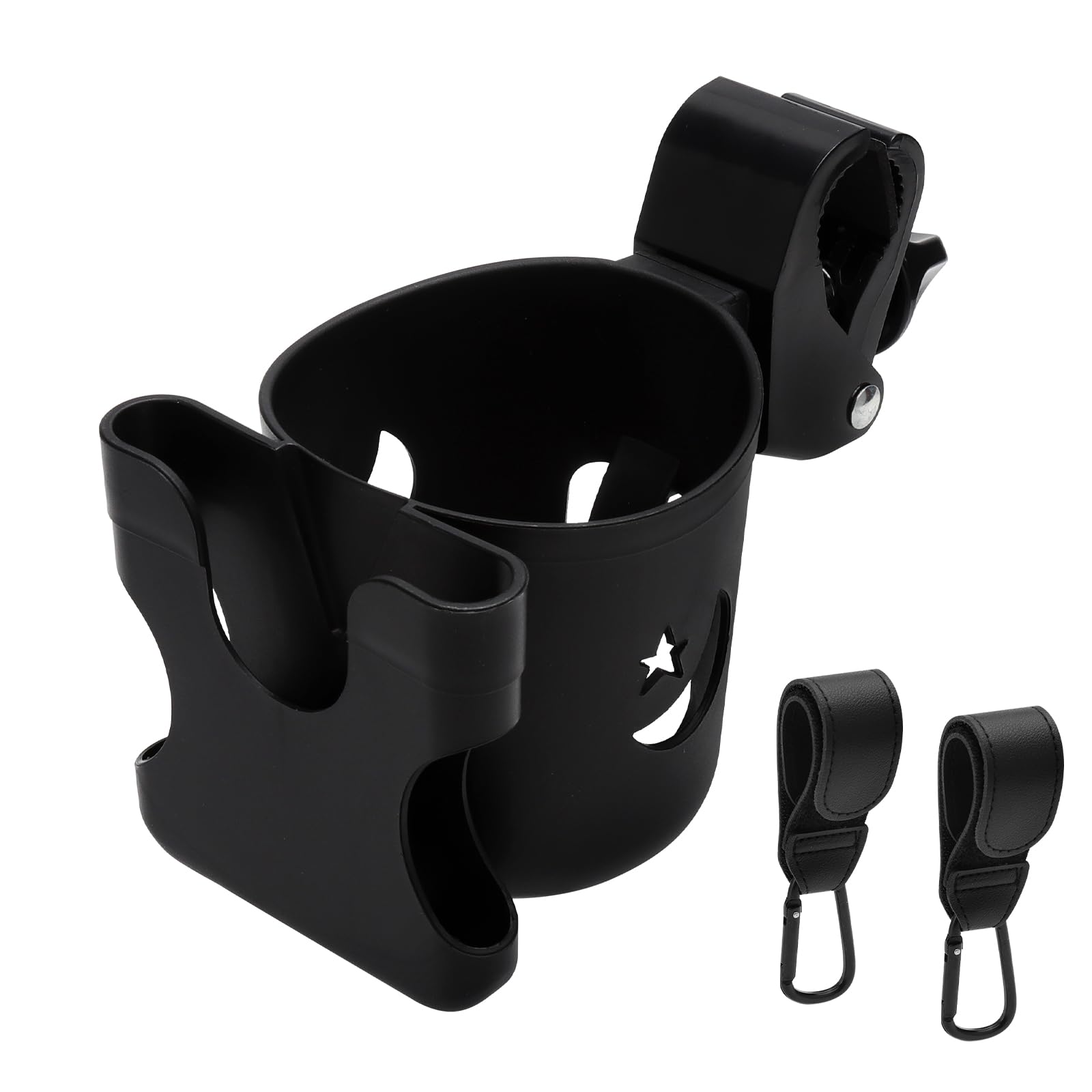 VOSSOT Portavasos Carrito Bebe, 1 Portavasos para Cochecito con 2 Ganchos para Cochecito de Bebé, con Rotación de 360 Grados, Accesorios Carrito Bebe Negro