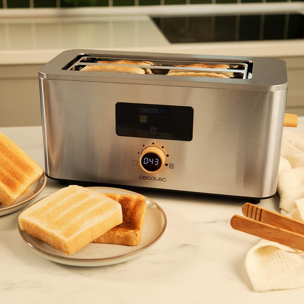 Cecotec Tostadora Vertical 2 Ranuras Largas Touch&Toast Extra Double. 1500 W, 4 Rebanas de Pan, Ranuras Extra Anchas 3,5 cm, Pantalla Táctil y Perilla Digital, Acabados en Acero Inoxidable