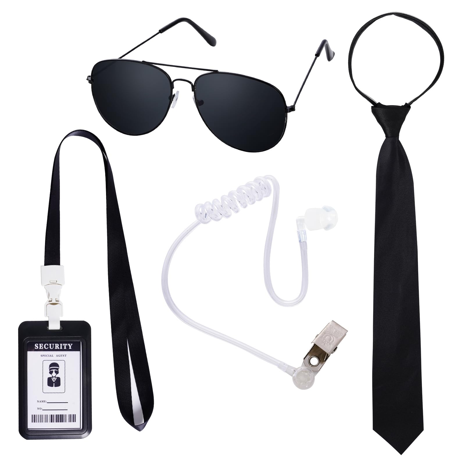 4 Piece Agent Costume Secret Security Service Costume Accessories Earpiece Sunglasses Zipper Ties ID Card for Halloween
