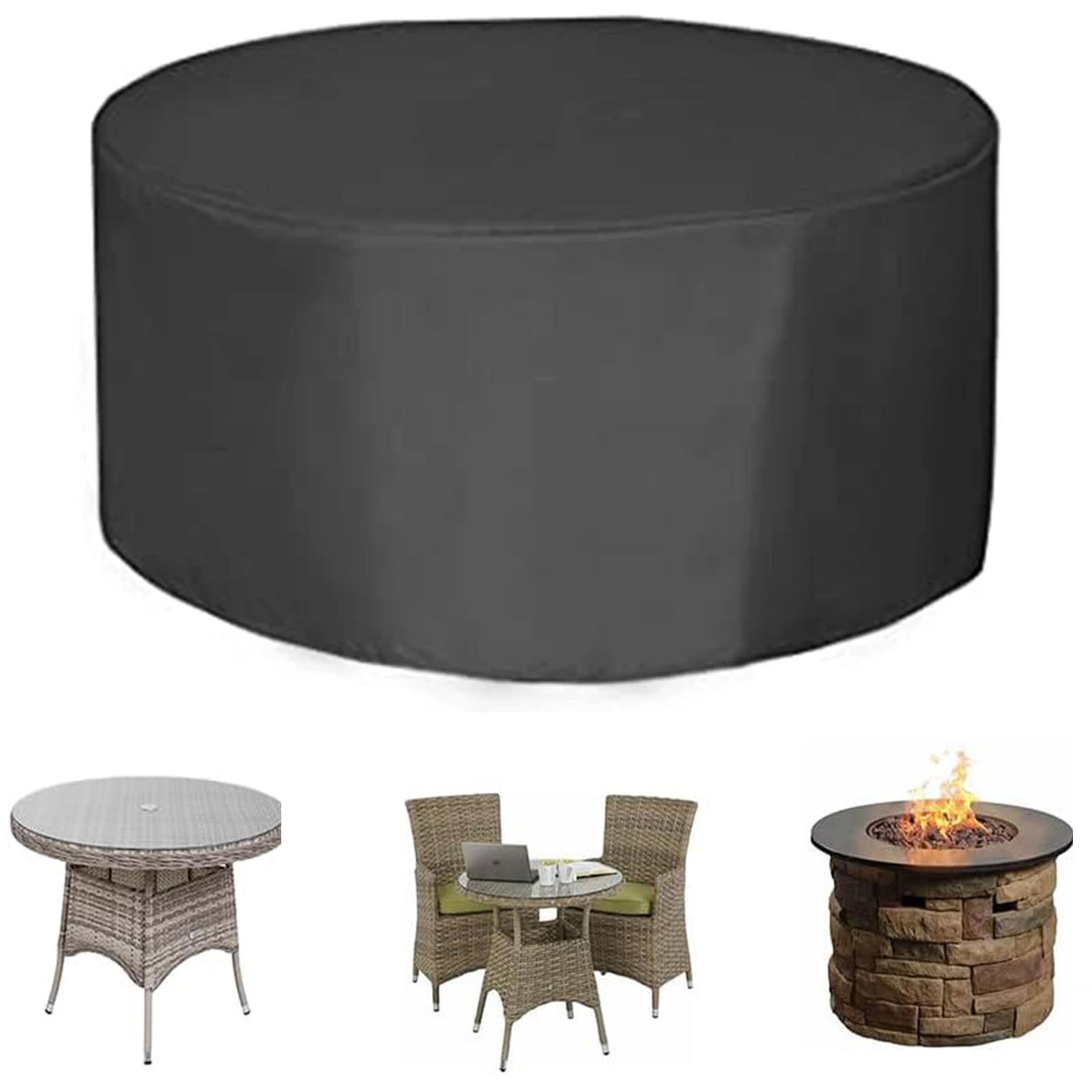Round Black Garden Furniture Covers 180x180x70CM (LxWxH) 420D Heavy Duty Oxford Fabric Round Garden Table Covers Windproof & Dustproof, Anti-UV Patio Furniture Cover for Table and Chair Set