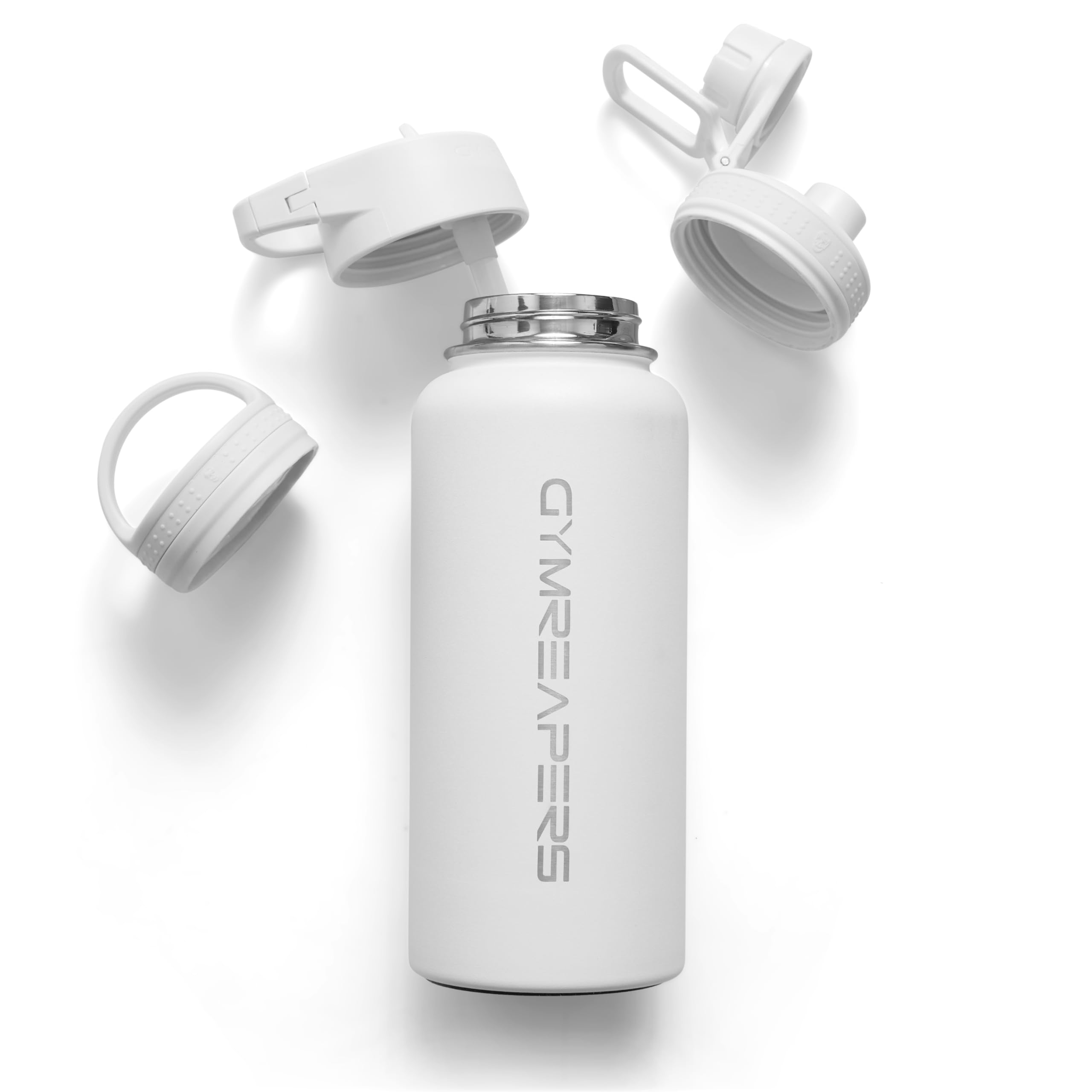 Gymreapers Insulated Water Bottle - Stainless Steel 32 Oz 3 lids Straw Chug Canteen Double Walled Vacuum Insulation