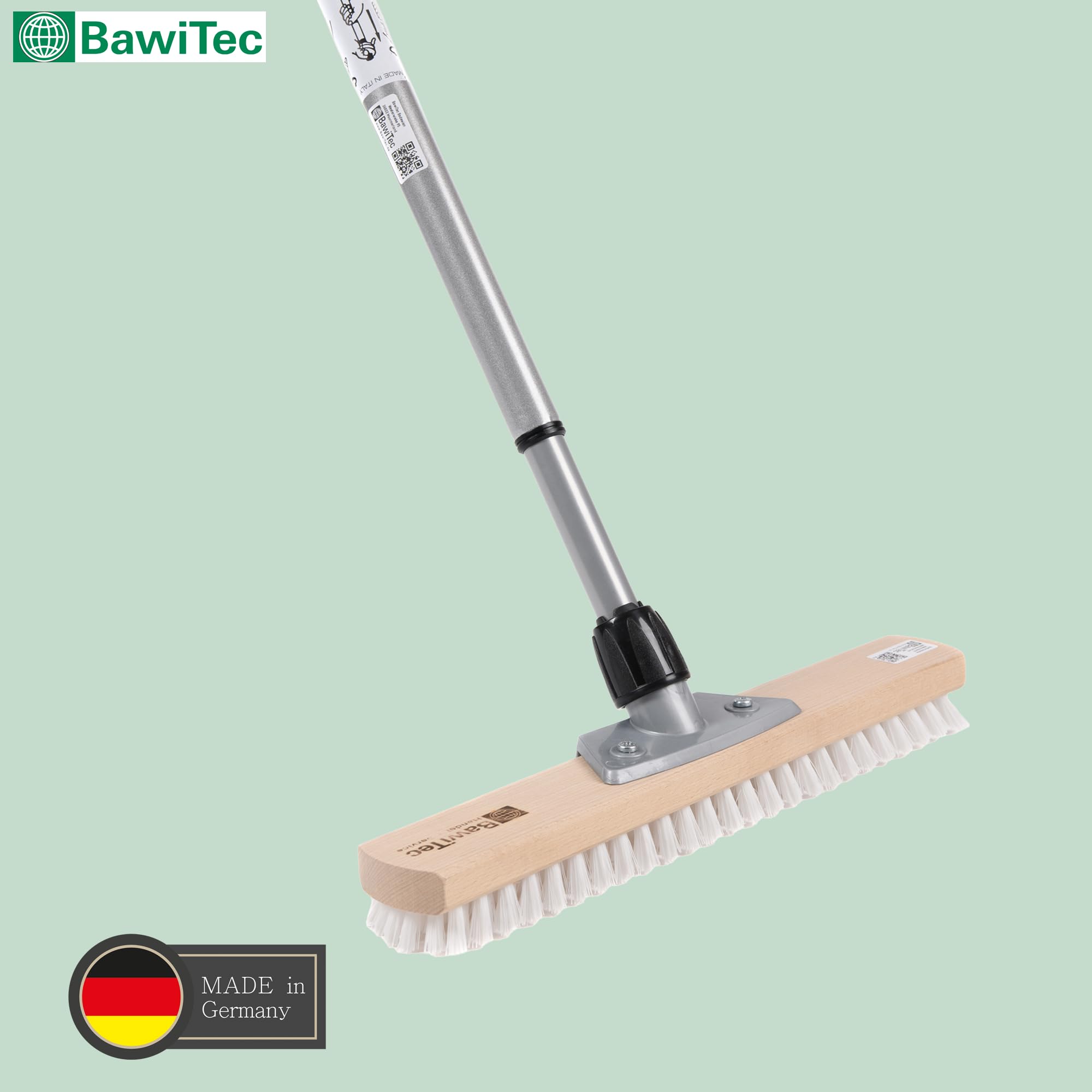 BawiTec Qualitäts Großraumschrubber 40cm mit Teleskopstiel Verstellbar 200cm PPN-Borsten Weiß Stabiler Bodenschrubber Schrubberbürste aus Holz für Haushalt, Küche, Bad, Gastro, Gewerbe