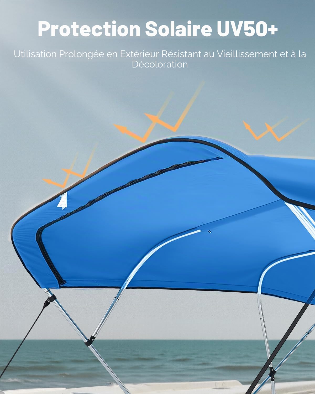 VEVOR Bimini pour Bateau à 4 arceaux, 243 cm, taud de Soleil imperméable avec Toile en Polyester 600D, Pare-Soleil, Sac de Rangement, Compatible avec Les Bateaux de Large 213-244 cm, Bleu Pacifique