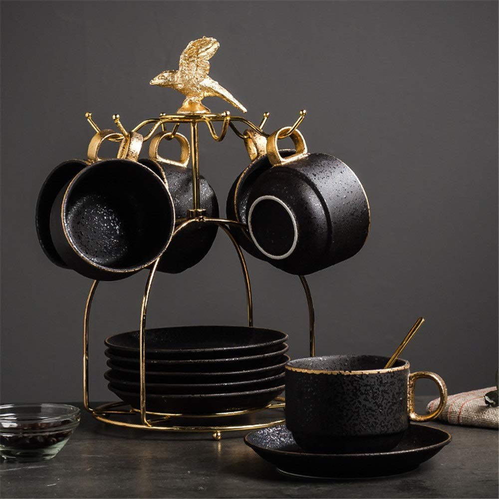 EKBBBYE Tea Coffee Cup Set 13 Pieces Gold Trim Nordic Style Glazed Porcelain Coffee and Tea Service with 6 Piece