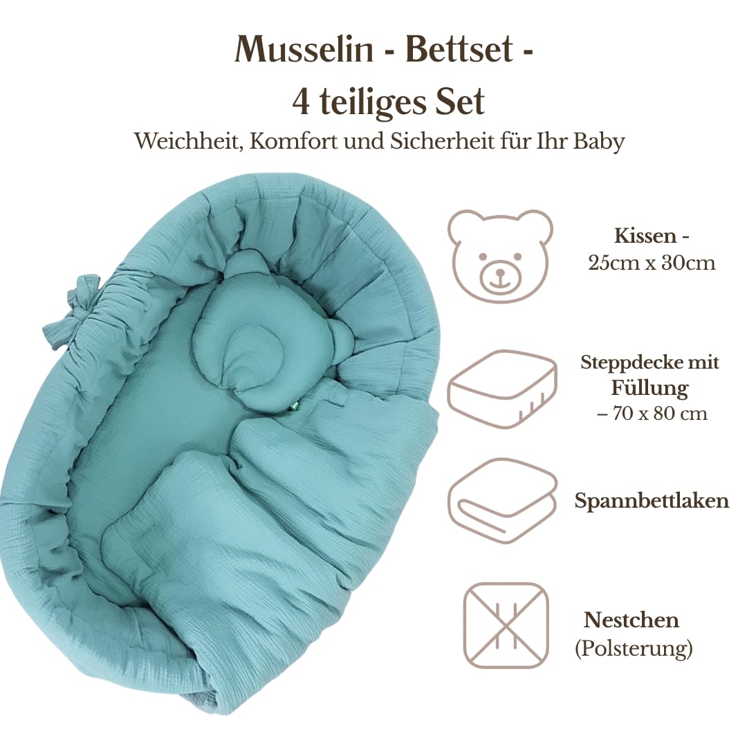 Stubenwagen Baby mit Rollen & Bremse – Grauer Moseskorb aus Naturweide inkl. Matratze & Khaki Bettwäsche aus 100% Baumwolle – sicher & mobil – Modell Amelia