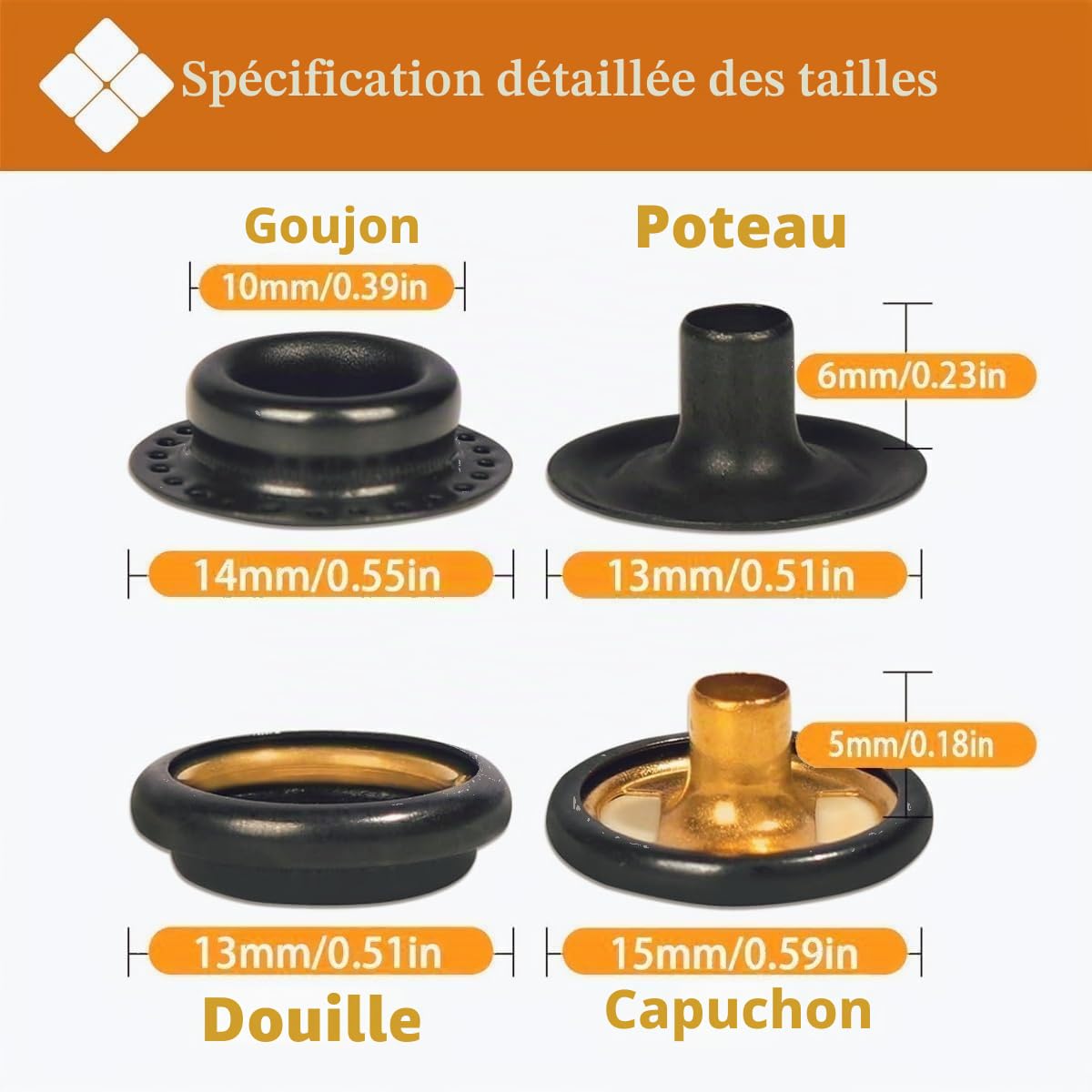 SUNAROC 15 mm Boutons Pressions Metalliques, Boutons Pression Marine Avec Outils Pince En Pour Cuir, Bricolage, Tissu, Vêtements, Sacs，100 Sets 4 Coloris