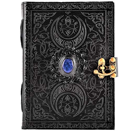 URBAN LEATHER Vintage Leder Tagebuch mit Lapislazuli Stein für Damen und Herren, Grimoire Schwarzes Buch der Schatten, Künstler Skizzenbuch Reisegeschenk Schreib Notizbuch Organizer, Unliniert