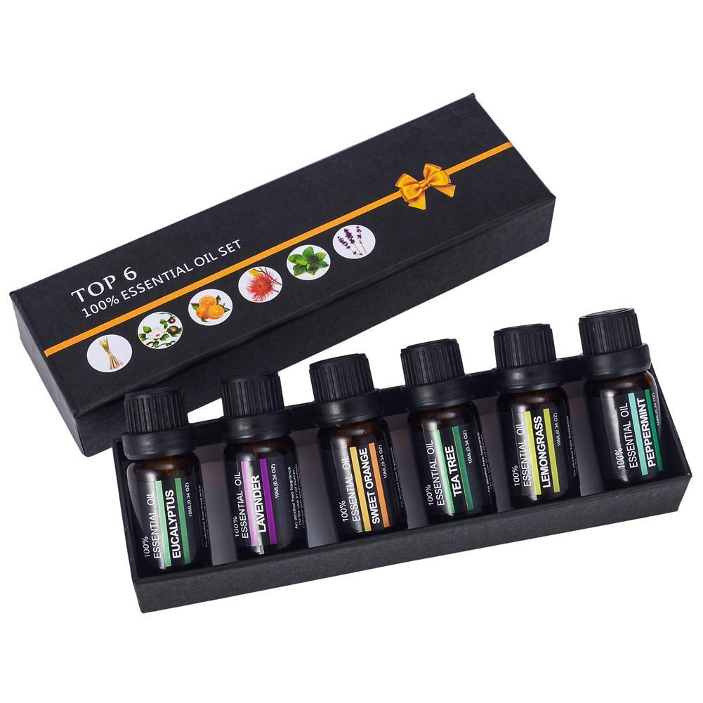 Essential Oils Top-6 Set - (6 x 10ml Bottles) - 100% Pure of The Highest Therapeutic Grade Quality - Premium Gift Set –Eucalyptus, Lavender, Lemon Grass, Orange, Peppermint, Tea Tree