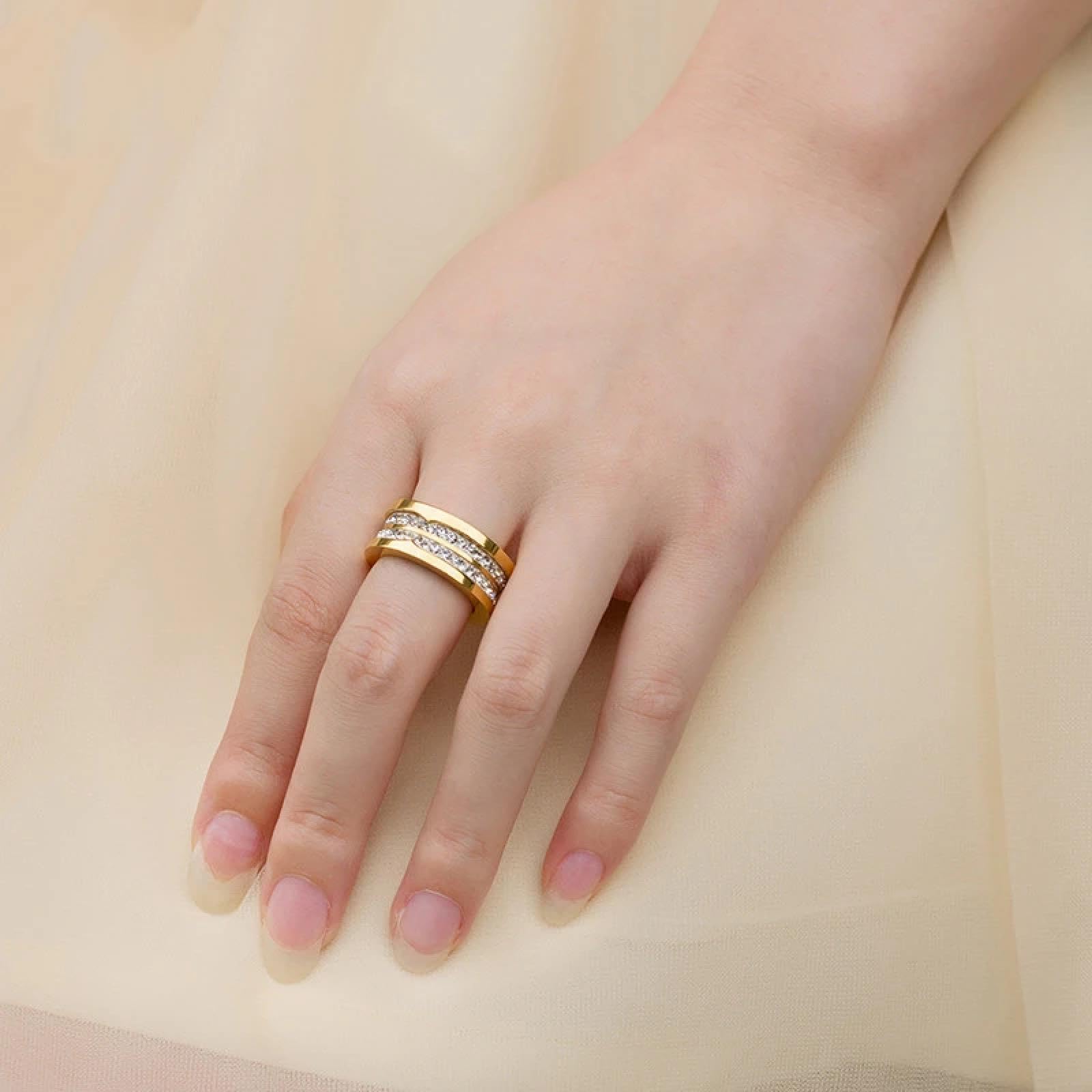 Ring Ringe Damen Bijouterie Herren Design Gold Farbe Charm Ringe Für Frauen Zweireihige Cubic Zirkon Hochzeit Phantasie Verschiedene Größen Verlobungsringe