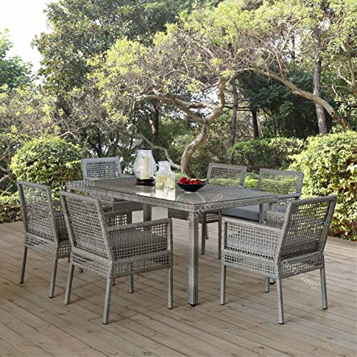 OUTLIVING Rattan and Wicker Outdoor Garden 6 Seater Patio Dining Table Set with 1 Dining Table 6 Chair Dining Set for Balcony (Grey)