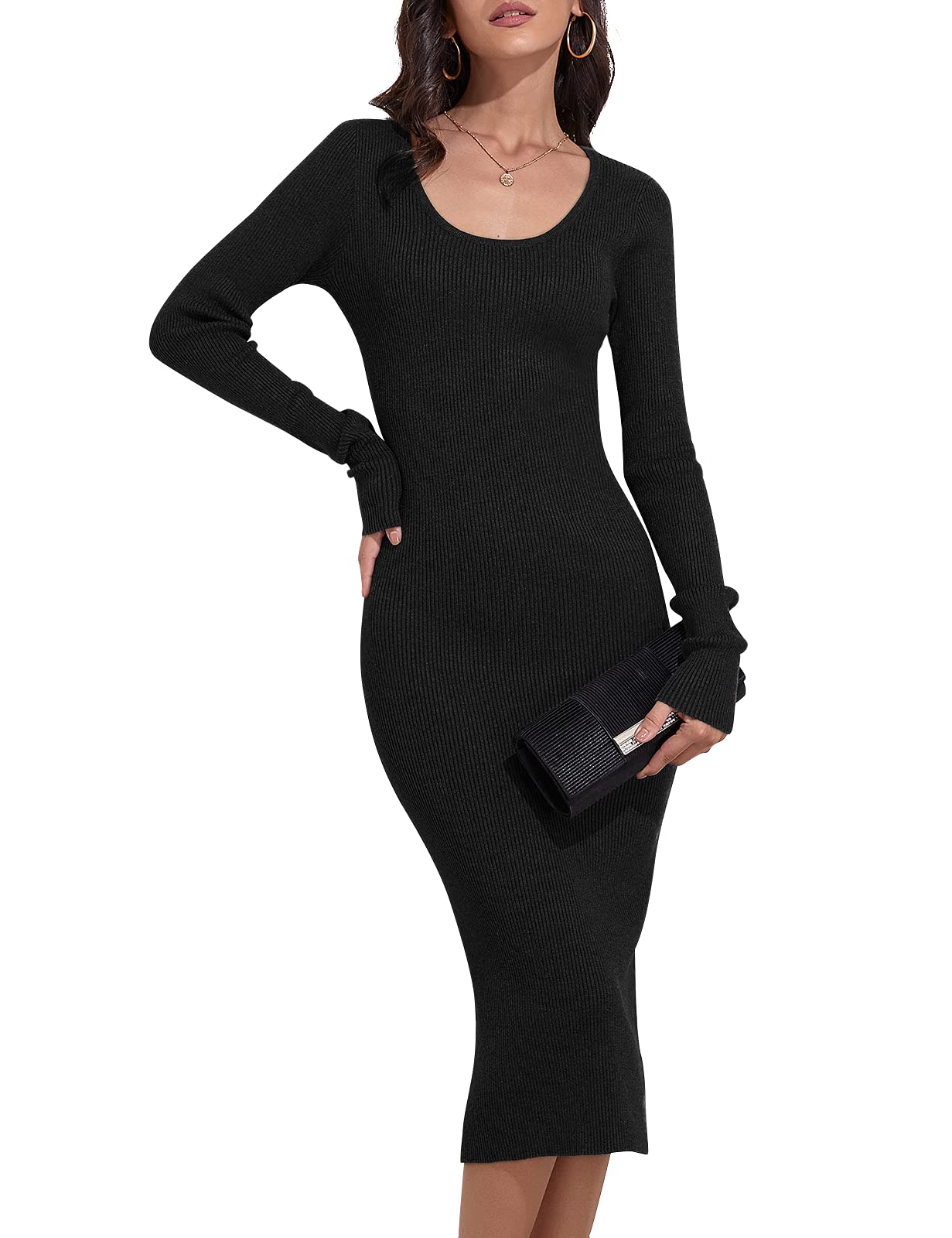 RocoroseWomen's Crewneck Pullover Sweater Dress Elasticity Slim Fit Sweater Knitted Bodycon Dresses