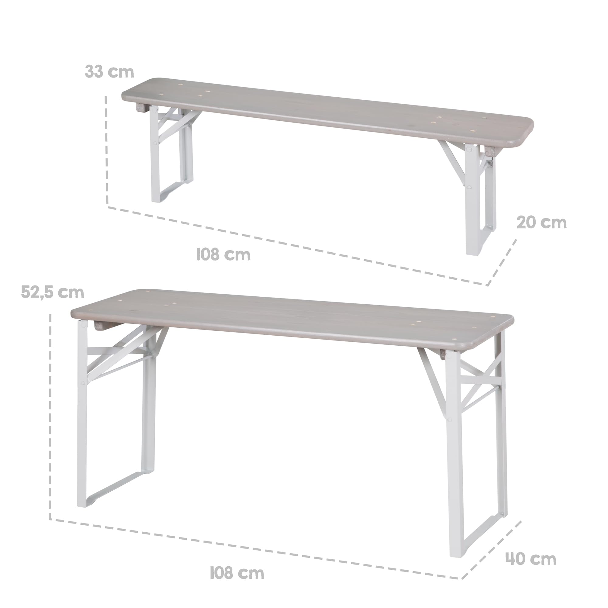 roba Table et 2 Bancs de Jardin pour Enfants dès 2 Ans - 4 Places - Bancs Pliants et Table Rectangulaire Pliante - Ensemble de Camping en Bois Massif Gris