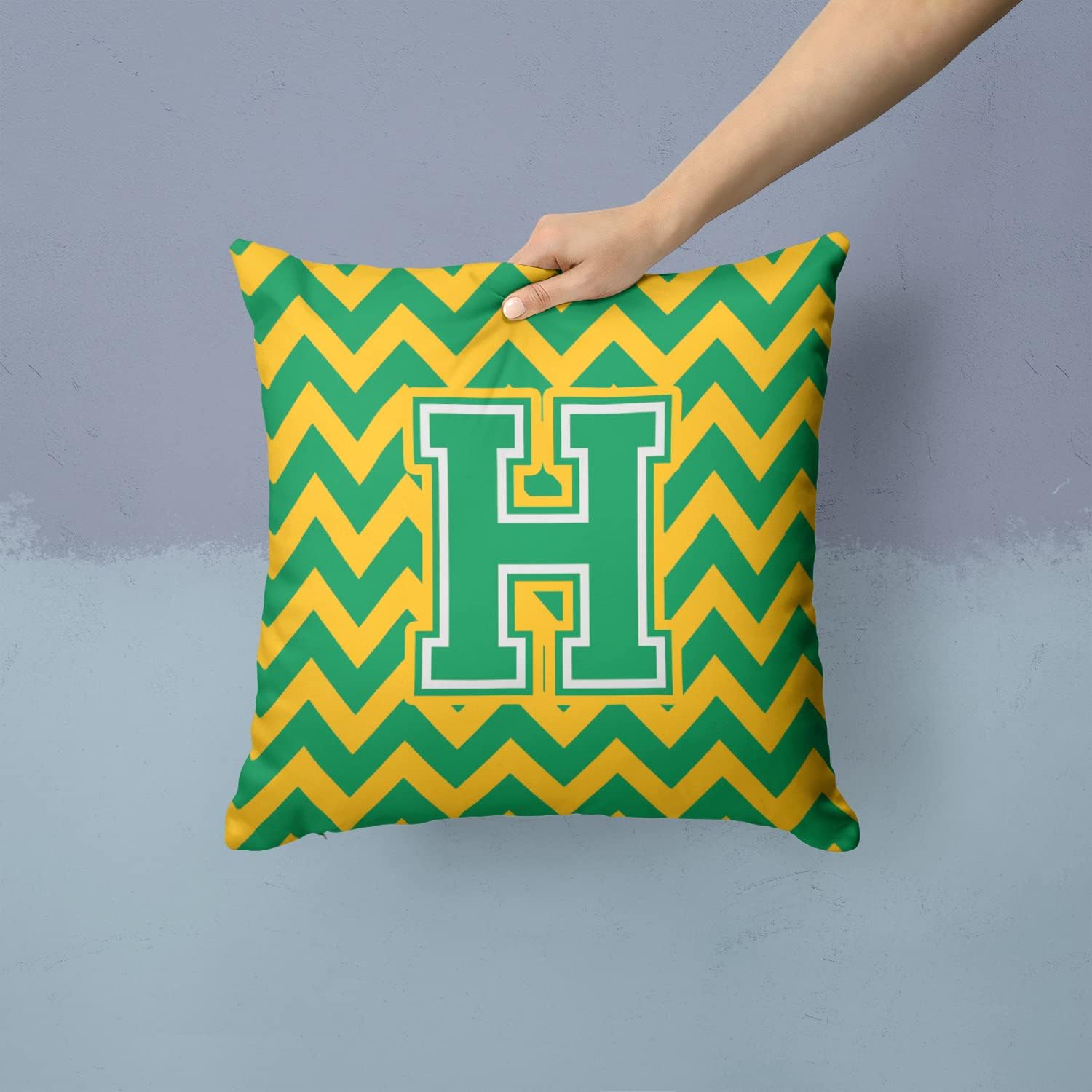Caroline's Treasures CJ1059-HPW1414 Letter H Chevron Green and Gold Fabric Decorative Pillow Machine Washable, Indoor Outdoor Decorative Pillow for Couch, Bed or Patio, 14Hx14W