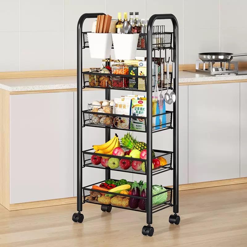 woshapce 5 Tier Kitchen Trolley Metal Mesh Vegetable Rack for Kitchen Veg Rack with Detachable Vegetable Baskets Storage Trolley Cart for Kitchen Bathroom Living Room (Black 5-tier)