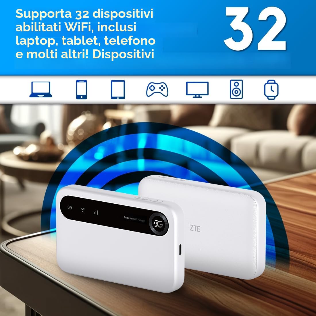 ZTE U50, Punto di accesso WiFi portatile 5G con slot SIM sbloccato, Modem router 5G a basso costo per 32 dispositivi domestici/professionali, 5G e 4G+, AX1800 WiFi 6, fino a 32 dispositivi
