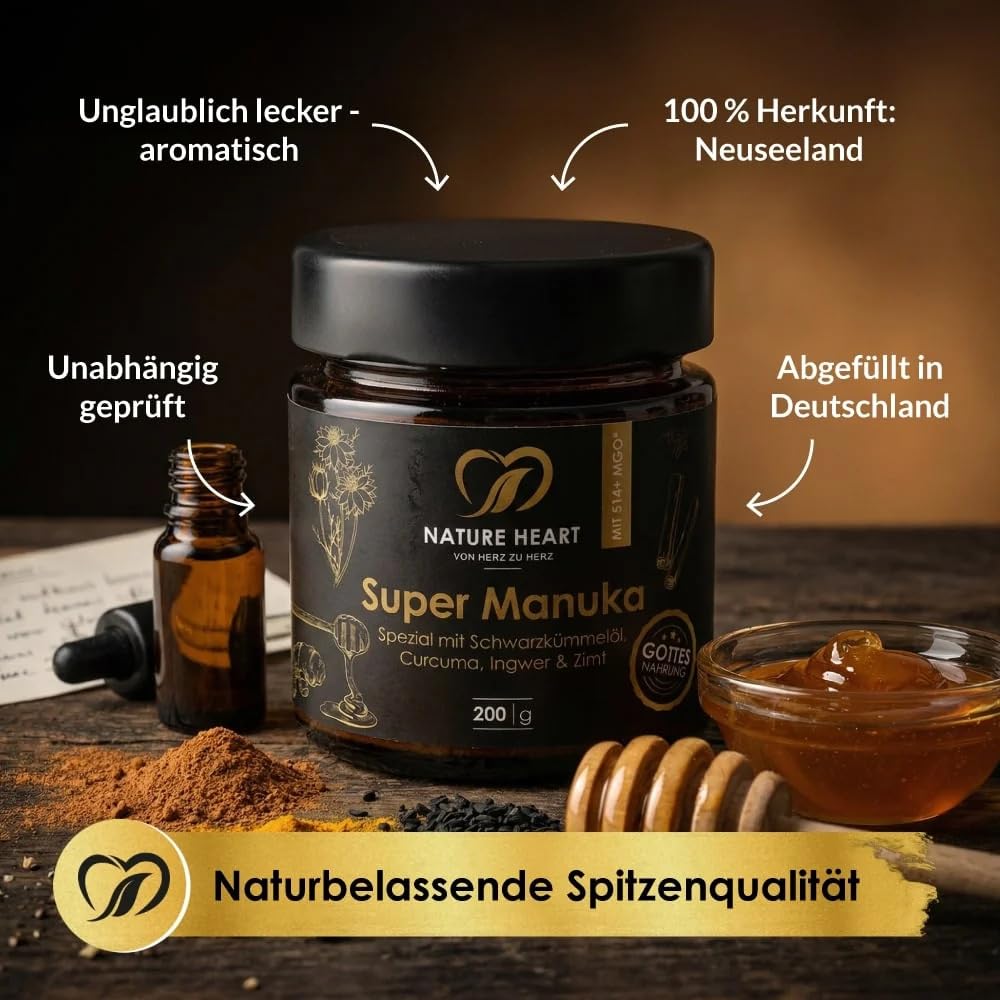 Nature Heart 4x Super Manuka Honig MGO 514+ mit Schwarzkümmelöl | Ceylon Zimt, Ingwer-, Kurkuma- & Pfefferextrakt | 100% Neuseeland | Unabhängig geprüft
