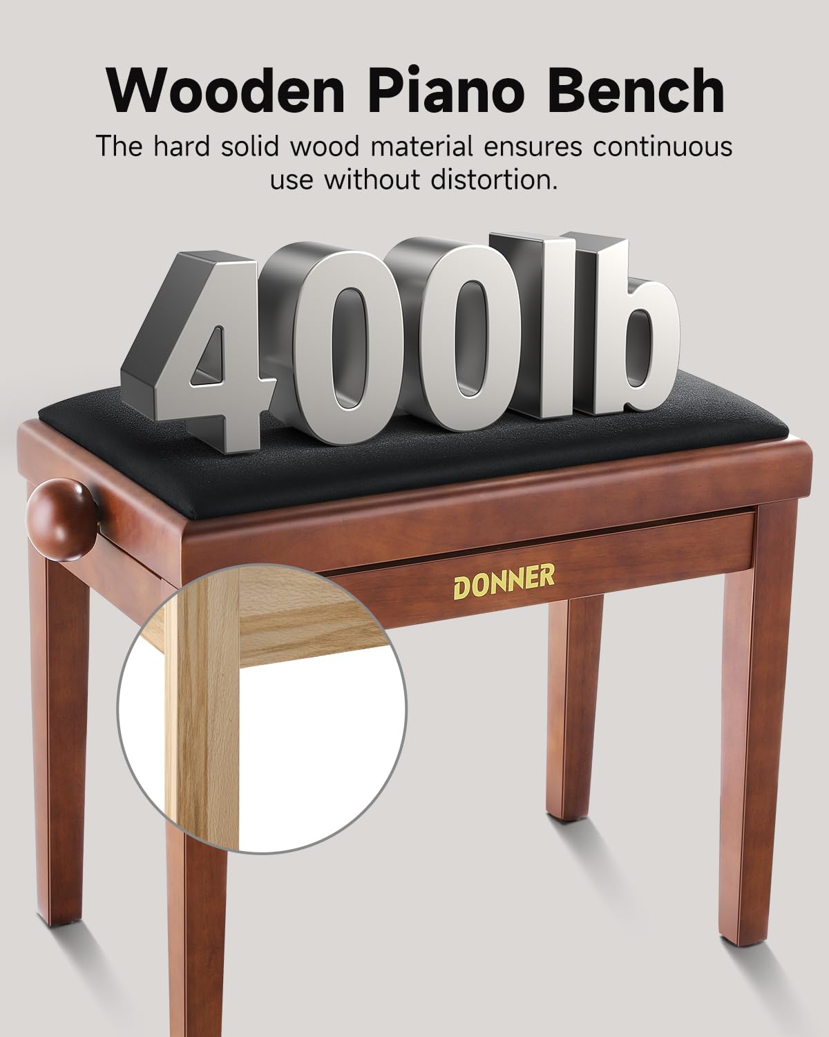Donner Taburete de Piano Ajustable, Banco de Piano de Madera Maciza con Asiento de Piano y Cojín de Esponja de Alta Densidad, Taburete de Piano de Madera con Elevadores Metálicos, Marrón