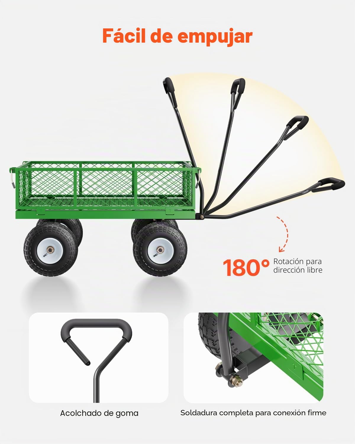 VEVOR Carrito de Jardín de Acero de 1700 x 480 x 515 mm con Neumáticos de 10", Laterales de Malla Extraíbles y Manija Giratoria de 180° para Exterior, Capacidad máxima de Carga de 308,44 kg, Verde