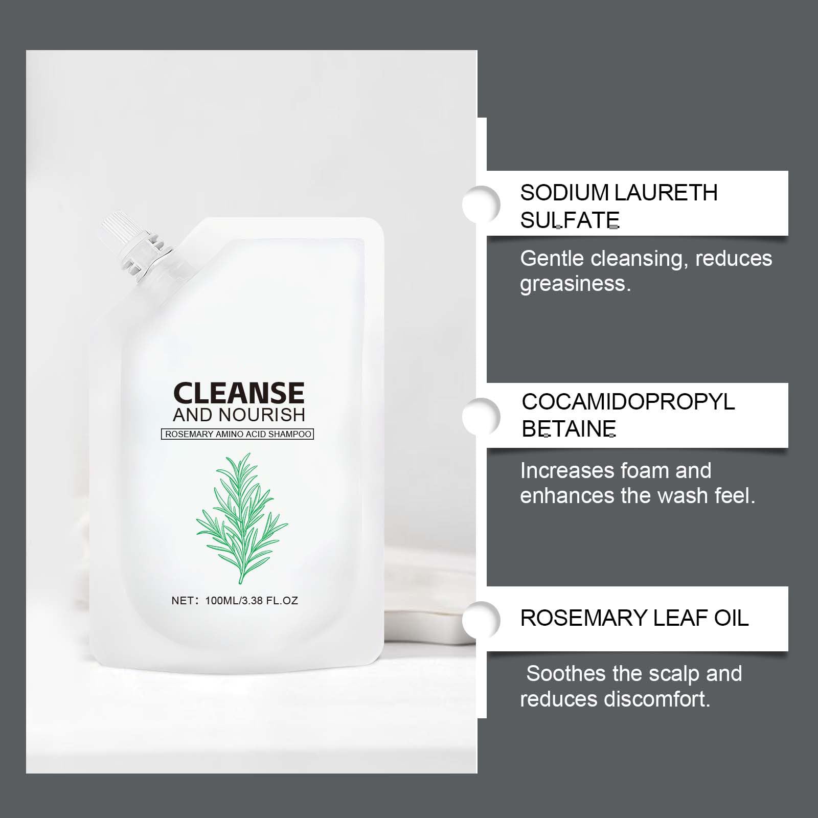 Champú voluminizador de romero para cuero cabelludo graso - Champú espesante con aminoácidos de romero para cabello fino - Mezcla espesante para fortalecer el cabello y reducir la caída (8 Cajas)