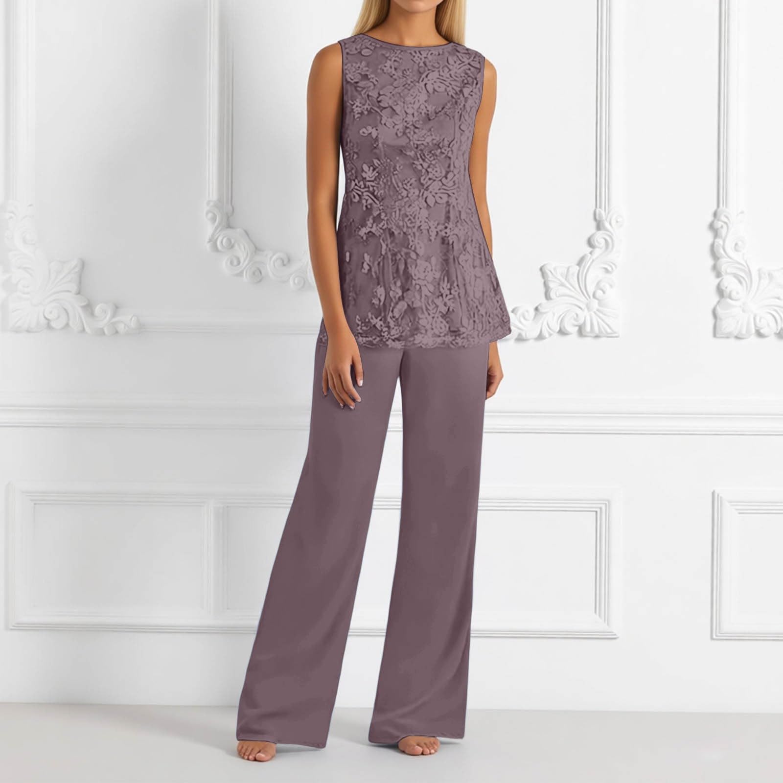 Costume de mère de la mariée pour femme - Pantalon en mousseline de soie - Costume de soirée formelle - Pantalon et chemise - 3 pièces - Couleur unie - Tenue de loisirs - Tenue opaque - Grande taille