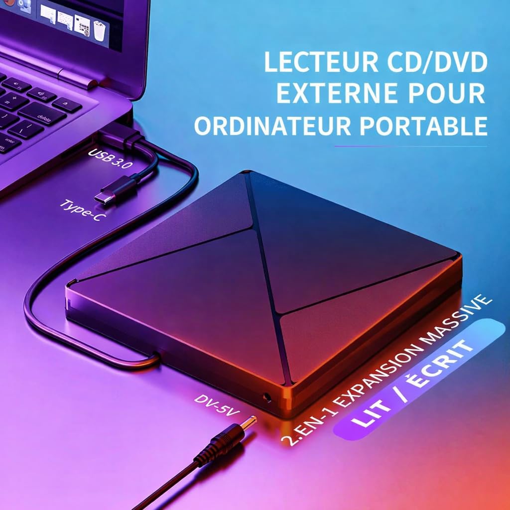 External CD/DVD Drive - USB 3.0 & Type-C Portable CD/DVD Writer, Ultra-Slim Portable CD/DVD Writer, Compatible with Windows 11/10/8/7, Mac OS, Linux, for PC Tower and Laptop & MacBook - 3