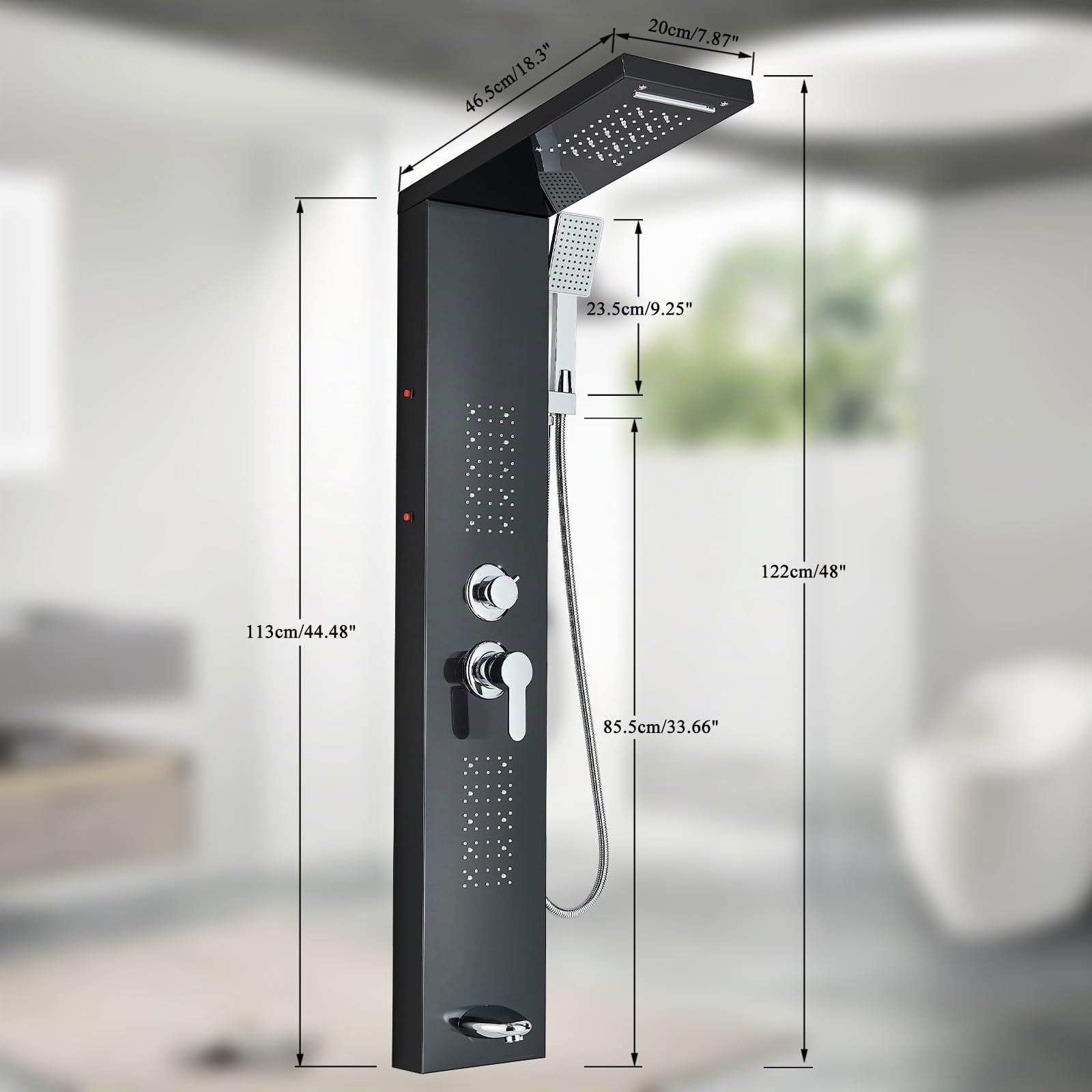 Pannello doccia a parete con sistema LED, colonna doccia multifunzionale con doccia a pioggia, cascata, massaggio, doccetta manuale, rubinetto, set completo con pannello doccia e