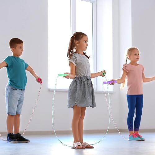 Miniatura 2 de Aoriher Cuerda de saltar para niños, cuerdas de rayas con asas de plástico, 8.2 pies, nailon ajustable, pesado, trenzado, cuerda de saltar para
