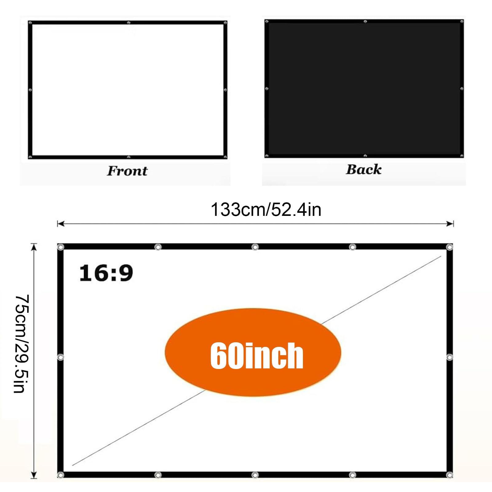 Telo Proiettore Esterno 60-200 Pollici, Schermo per Proiettore Portatile 16:9 4K Full HD, Anti Rughe Pieghevole, per Casa Ufficio Eventi All`Aperto Teatro(60inch(16:9))