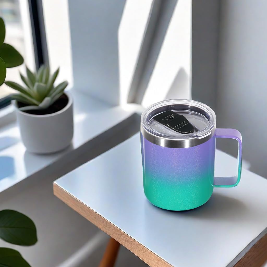 Volhoply 14oz Insulated Stainless Steel Coffee Mug with Lid Bulk 2 Pack,Double Wall Vacuum Travel Coffee Cup with Handle,Reusable Cups Tumbler,Camping Mugs Keep Hot,Ideal Gifts(Purple Green,2) - Image 5