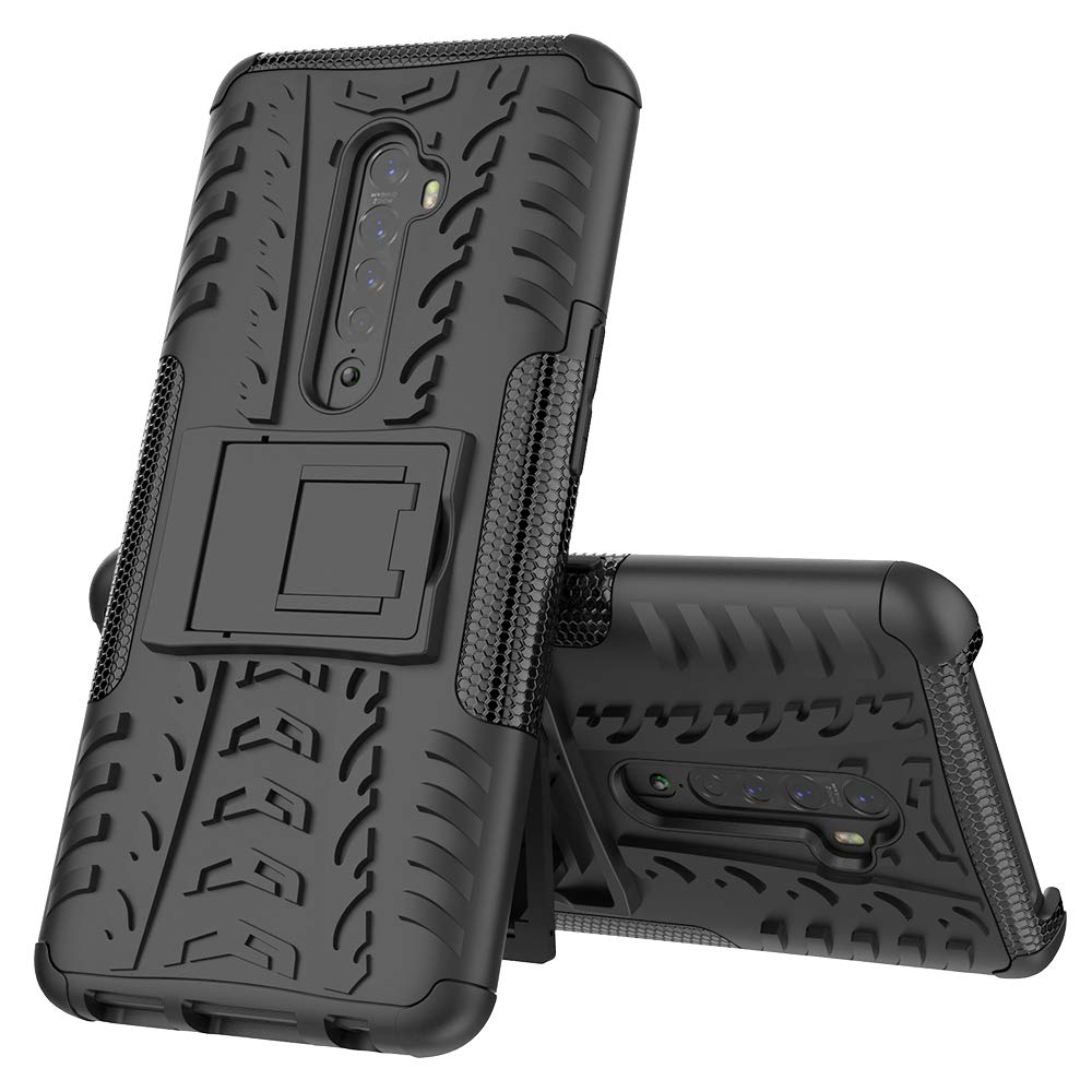 MRSTER Oppo Reno2 Case, Tyre Pattern Design Heavy Duty Extreme Protection Case With Kickstand Shock Absorbing Detachable 2 in 1 Case Cover For Oppo Reno 2. Hyun Black