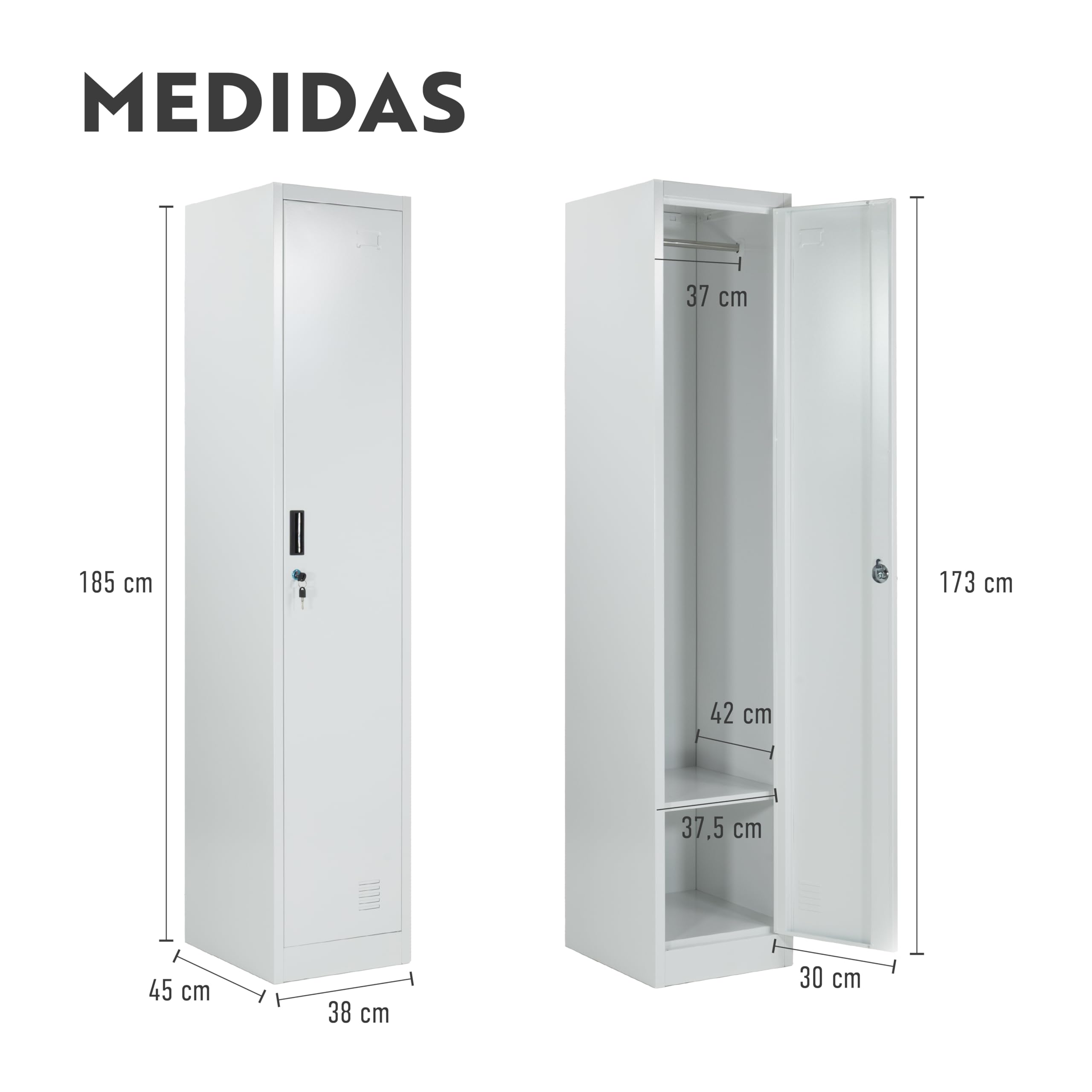 Taquilla Vestuario metálica 1 Puerta Blanca RAL 9016-185x38x45 cm con Cerradura, balda y Barra Interior - Incluye Llave | Armario metálico Estrecho Garaje Oficina Locker