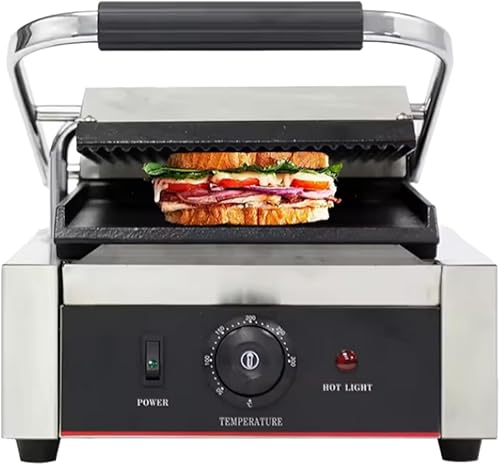 Miniatura 3 de Prensa comercial Panini con parrilla ranurada, máquina para hacer sándwiches, parrilla de contacto eléctrica individual (parte superior ranurada y