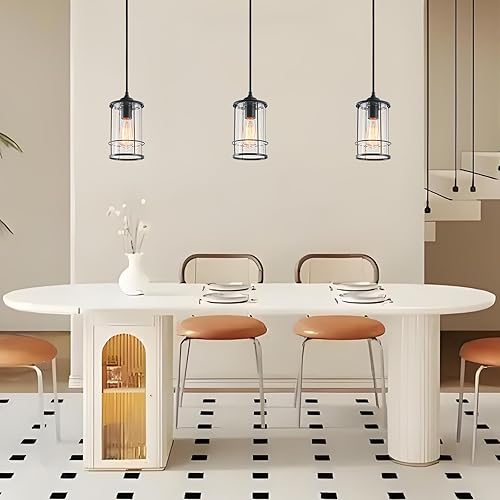 Miniatura 3 de Luces colgantes, lámparas colgantes negras para isla de cocina, paquete de 2 con vidrio transparente, iluminación colgante de jaula industrial