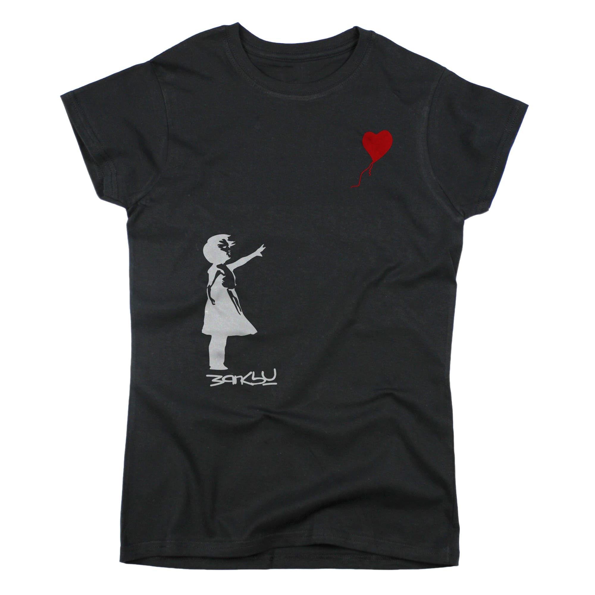 Nutees Banksy Girl with Heart Shaped Balloon Women T-Shirt (Black), Medium