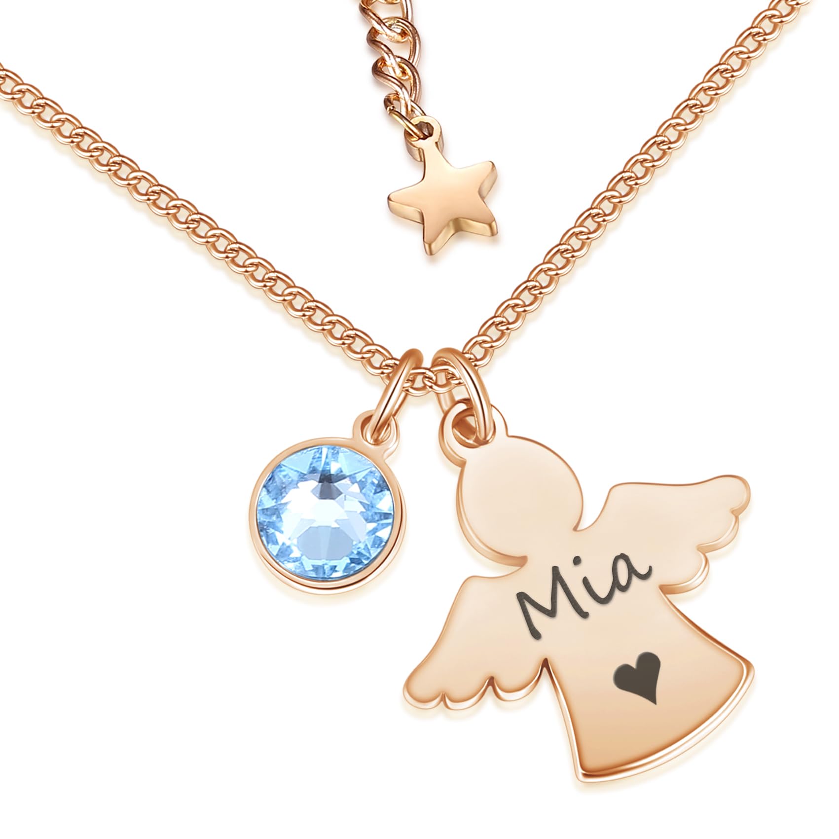 Personalisierte Kette mit Schutzengel und Geburtsstein in Silber und Rosegold | Taufgeschenke für Mädchen zu Kommunion Konfirmation Einschulung | Namenskette Personalisiert mit Gravur
