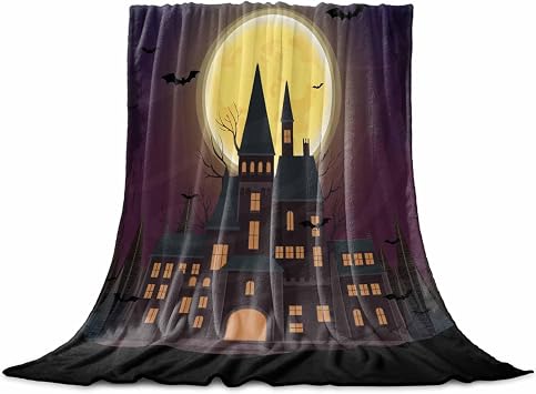 Flannel Fleece Blanket 60" x 80", Halloween Microfiber Cozy Soft Throws for Women, Retro Horror Castle Yellow Moon Bat Tree Lightweight Throw Blankets for Couch, Sofa, Bed, Living Room, Bedroom