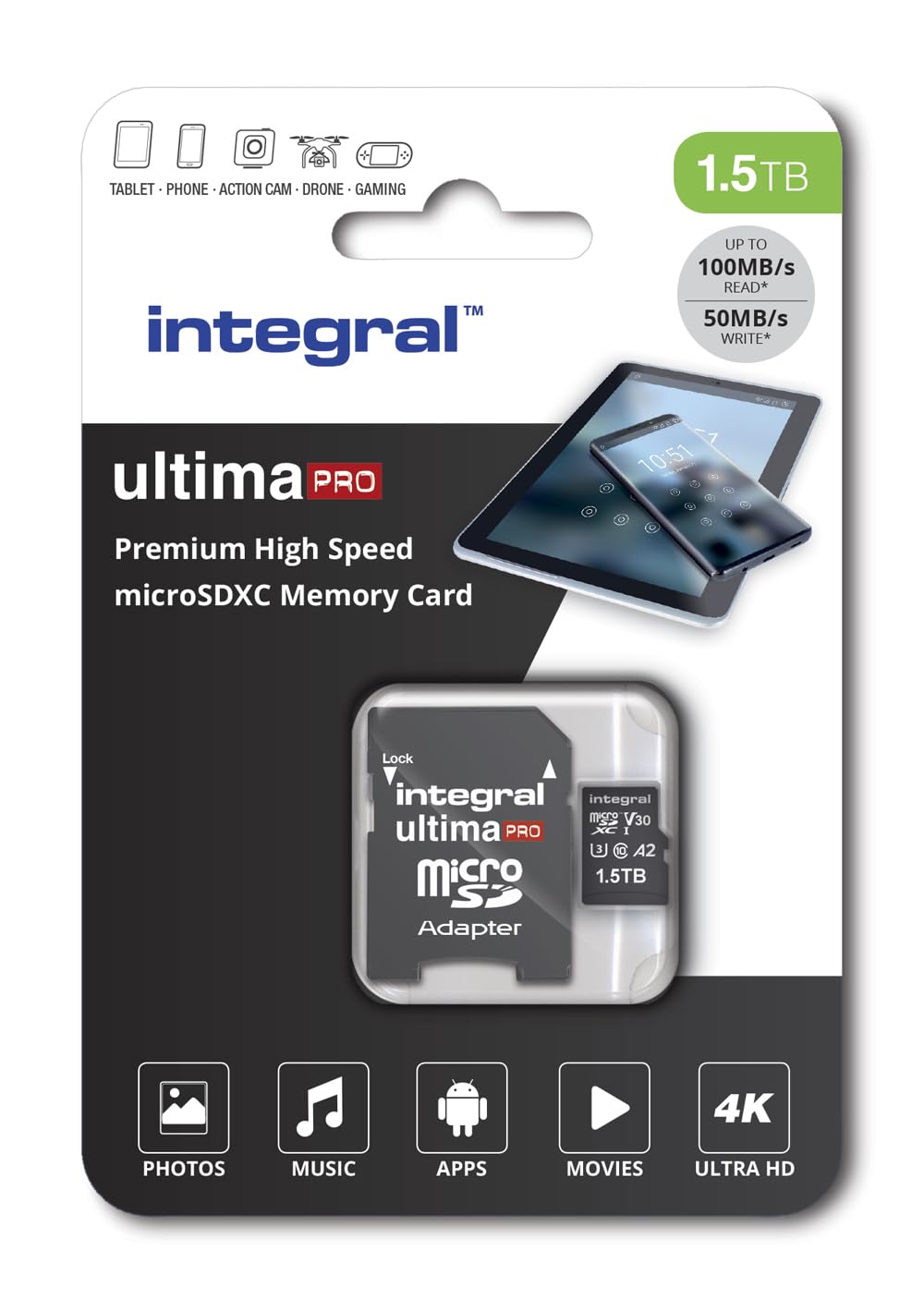 Integral Karta pamięci 1 TB Micro SD 4K Video Premium High Speed SDXC do 100 MB/s prędkość odczytu i prędkość zapisu 50 MB/s V30 C10 U3 UHS-I A1