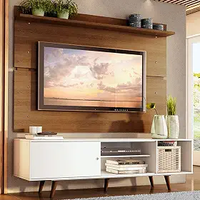 Rack Madesa Dubai e Painel para Tv até 65 Polegadas com Pés - Branco/rustic 095z