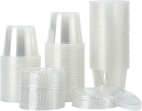 200 vasos desechables de plástico transparente de 5.5 onzas con tapas, tazas de soufflé, vasos de condimentos, inyecciones de gelatina, slime y