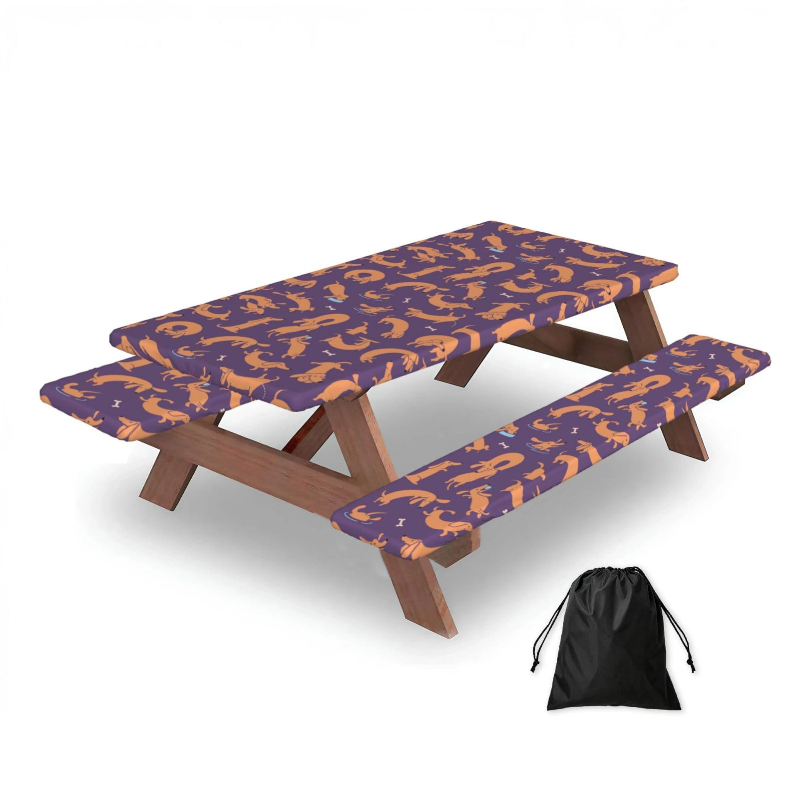 Dopklna As Picture Playing Dachshund, Picnic Table Cover With Bench Covers -Waterproof Elastic Fitted Tablecloth For Garden Camping Patio 76X152cm