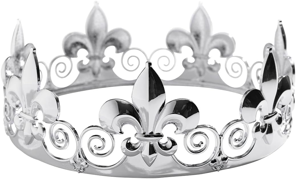 Anderson's Homecoming King Crown & Sash Set, 2.25" Silver Fleur-de-Lis Crown & 3" x 72" White Sash with Silver Metallic Lettering for Homecoming Coronation & Formal Events, 2 Piece Set