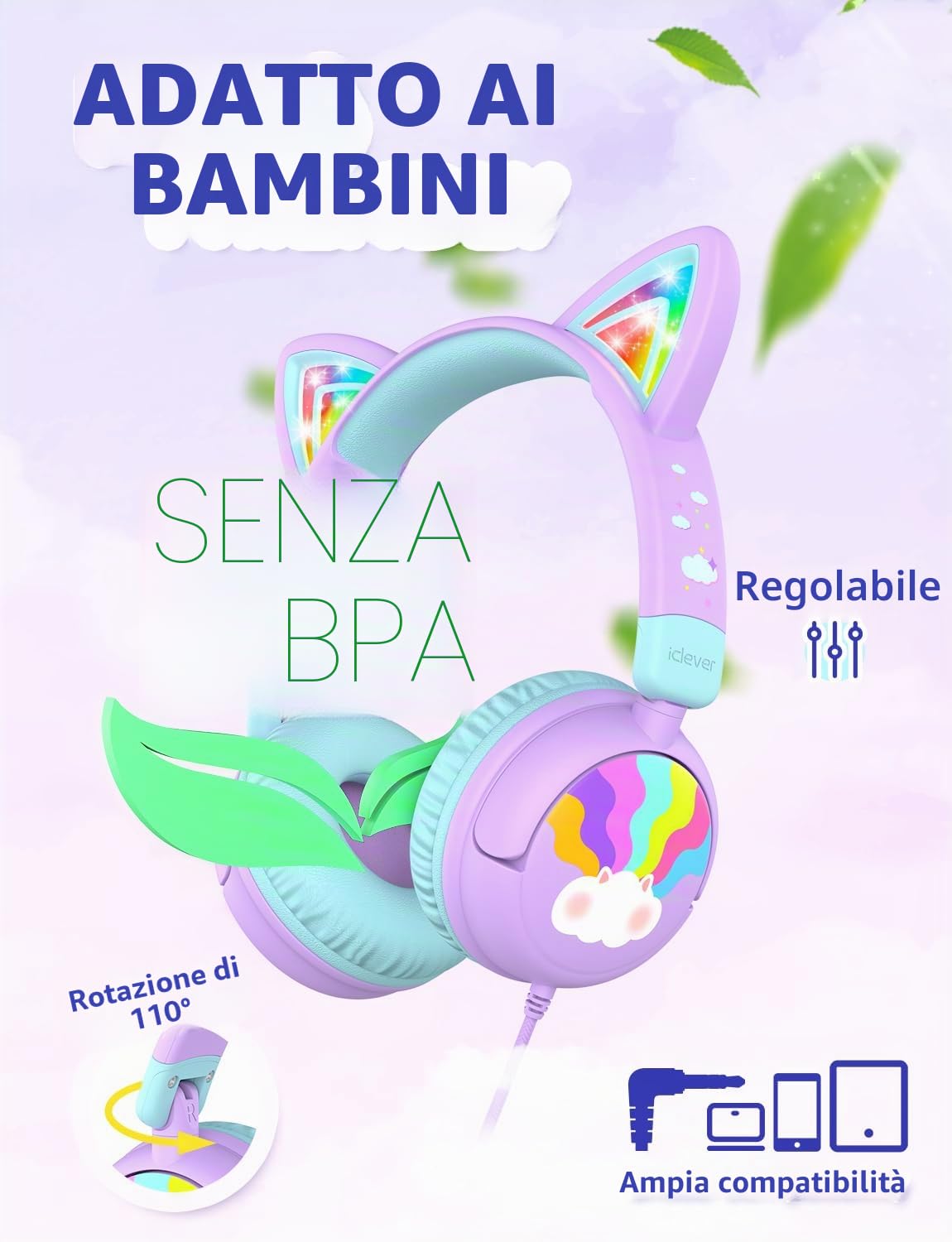 iClever Cuffie per Bambini, Orecchie da Gatt Illuminazione a LED, Volume Sicuro di 85dBA, Cuffie Bambina dal Suono Stereo, Pieghevoli con Cavo da 3.5 mm per iPad Tablet Viaggi Scuola