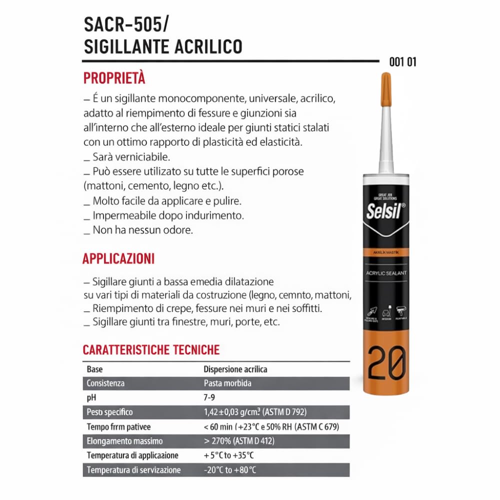 SELSIL Silicone Sigillante Acrilico Flessibile, Bianco, per Legno, Metallo, Plastica e Muratura, Resistente agli UV, 310 ml x 25 Pezzi
