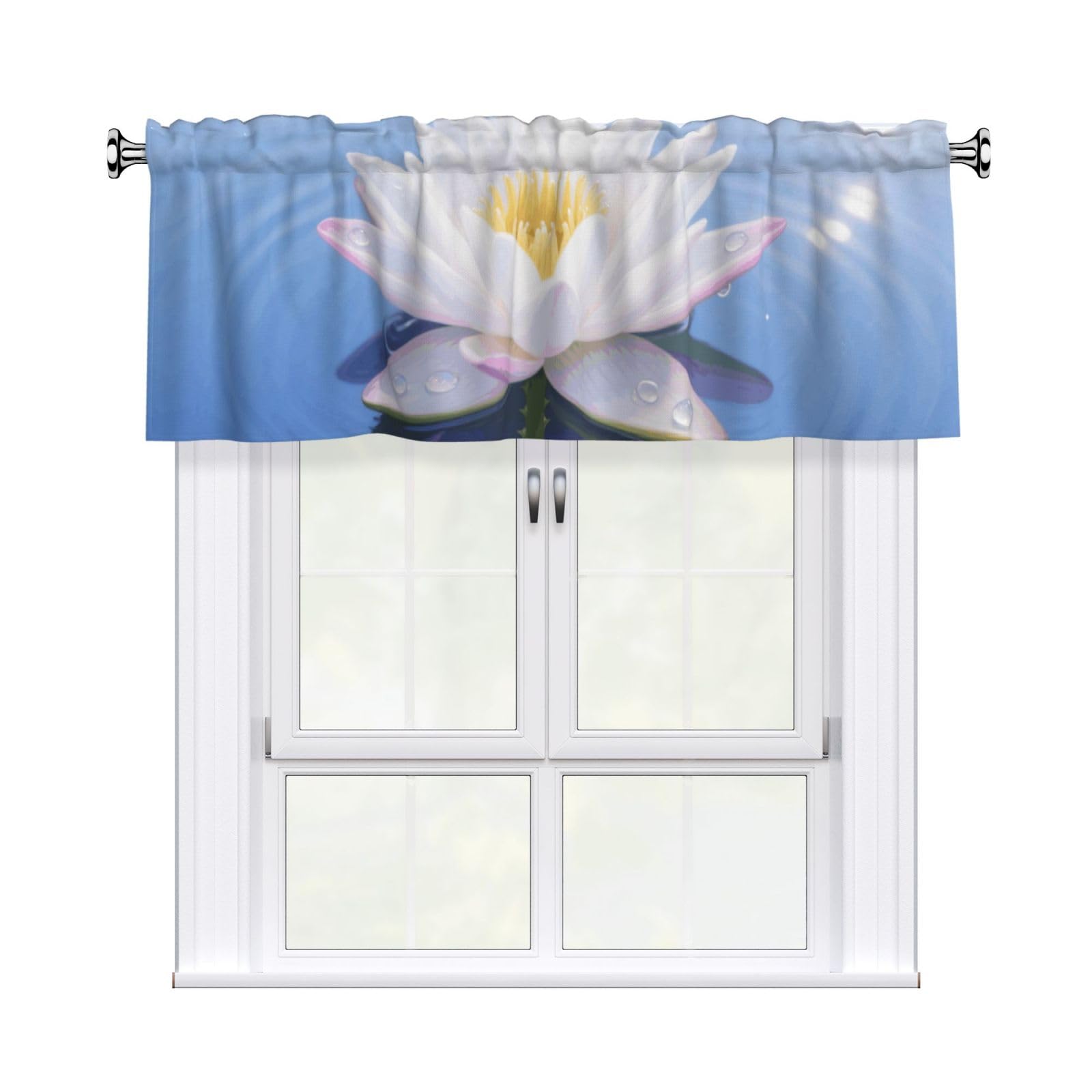 FekiLoot White Lotus Flower Curtain Valance for Windows, Kitchen Window Valances Rod Pocket Window Treatments Short Curtains Drapes for Bathroom Bedroom Cafe Decor 54x18inch 1 Panel