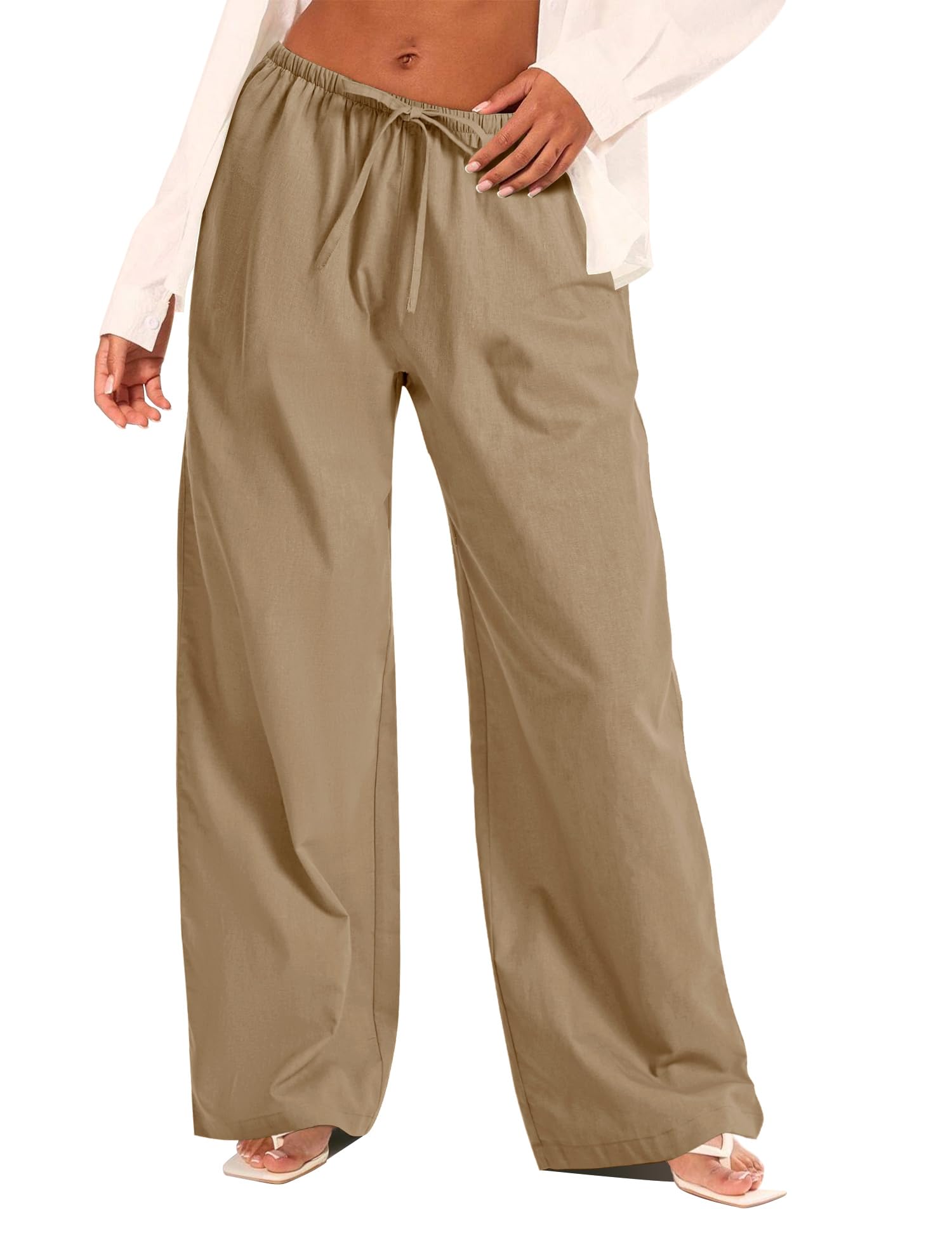 AKEWEI Women Cotton Linen Summer Palazzo Pants Drawstring Waist Wide Leg Lightweight Beach Trousers with Pockets