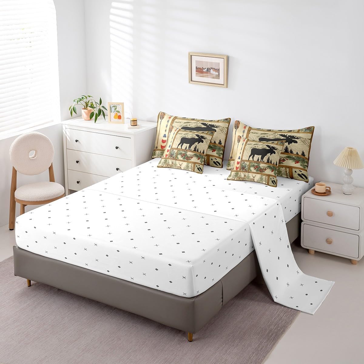 Erosebridal Retro Cabin Lodge Decor Comforter Set Queen Bed in a Bag,Rustic Farmhouse Moose Bedding Set,Lake House Decor Paddle Flat Fitted Sheet,Woodland Pine Tree Down Comforter,Buffalo Plaid Quilt