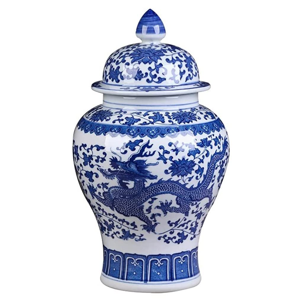 DU HUI Chinese Style Ceramic 15" Jingdezhen Blue and White Porcelain Floral Vase with Lid&Base,Temple Ginger Jar Vase,Antique Flower Arrangement Ornaments,for Home Living Room Crafts