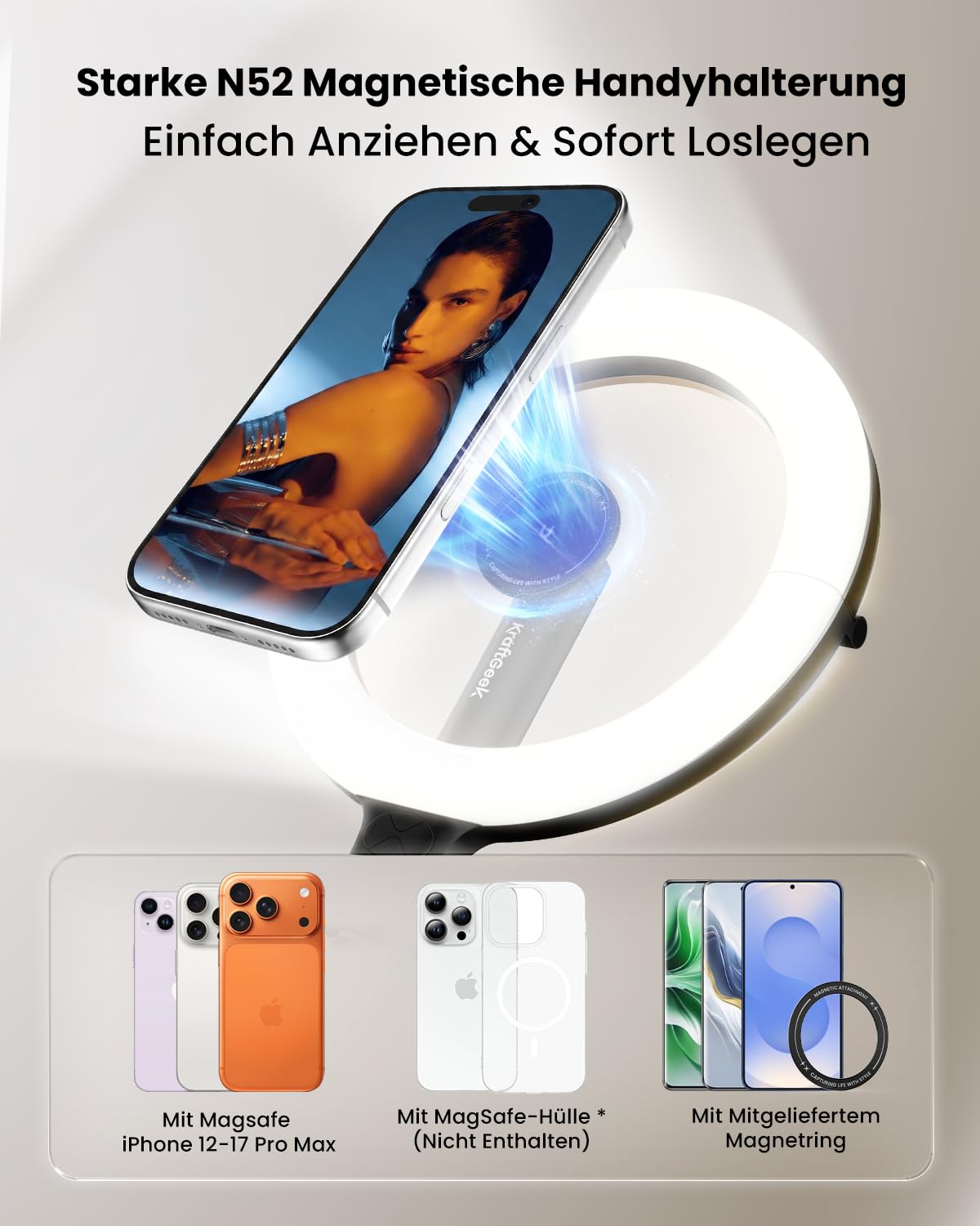 KraftGeek Ringlicht mit Stativ, Stativ für Smartphone mit Selfie Licht
