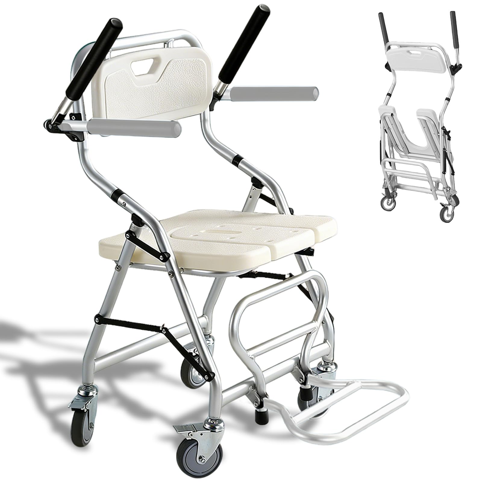 Silla de Ducha con Ruedas, Silla de Baño Ancianos Ducha con Reposabrazos y Respaldo, Taburete de Ducha Plegable para Personas Mayores y Discapacitados, Montaje sin Herramientas