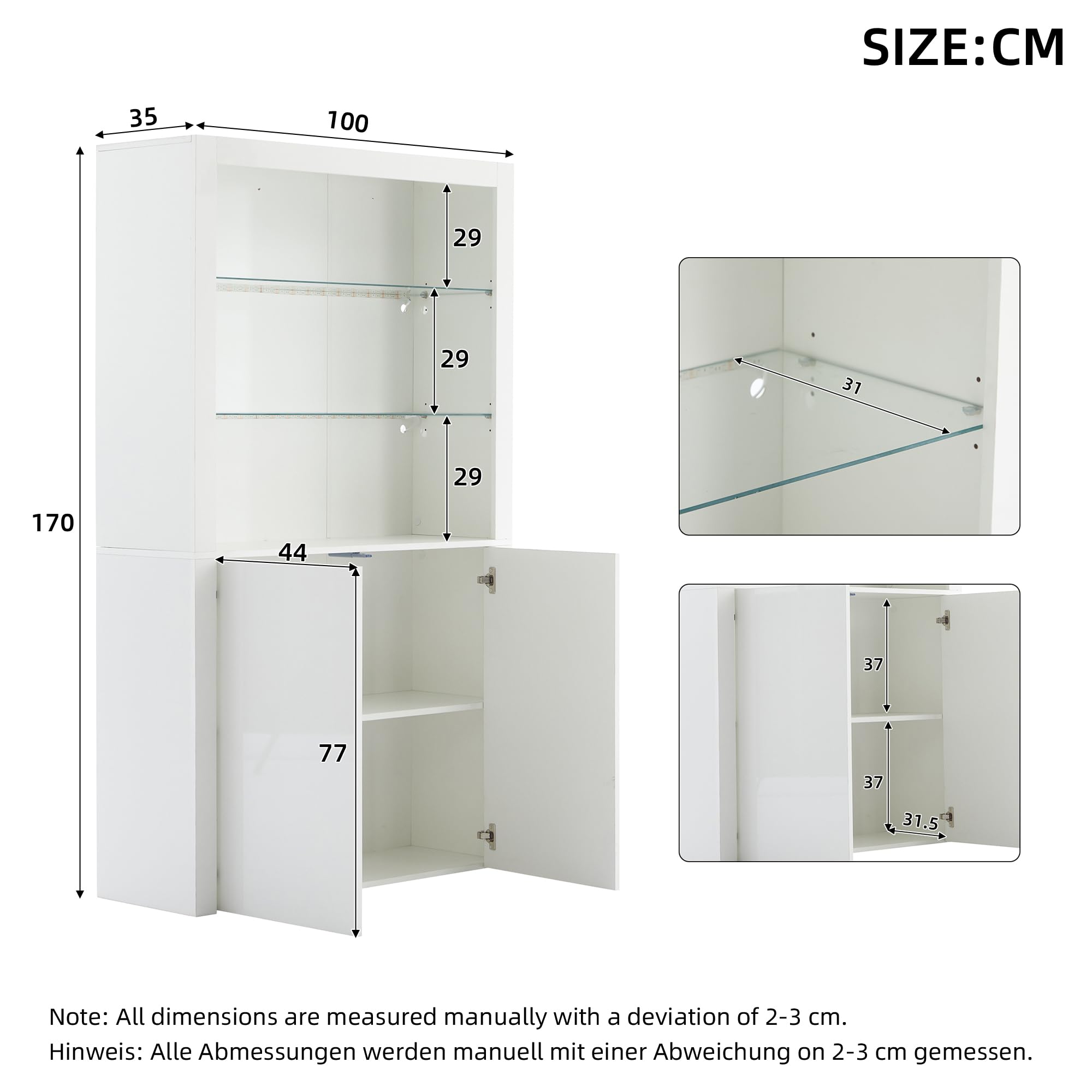 SUKY Armario de almacenamiento para sofá de 100 x 35 x 170 cm, armario de almacenamiento de alto brillo, armario de vitrina con luces LED, capa de pantalla de cristal templado, armario vertical alto